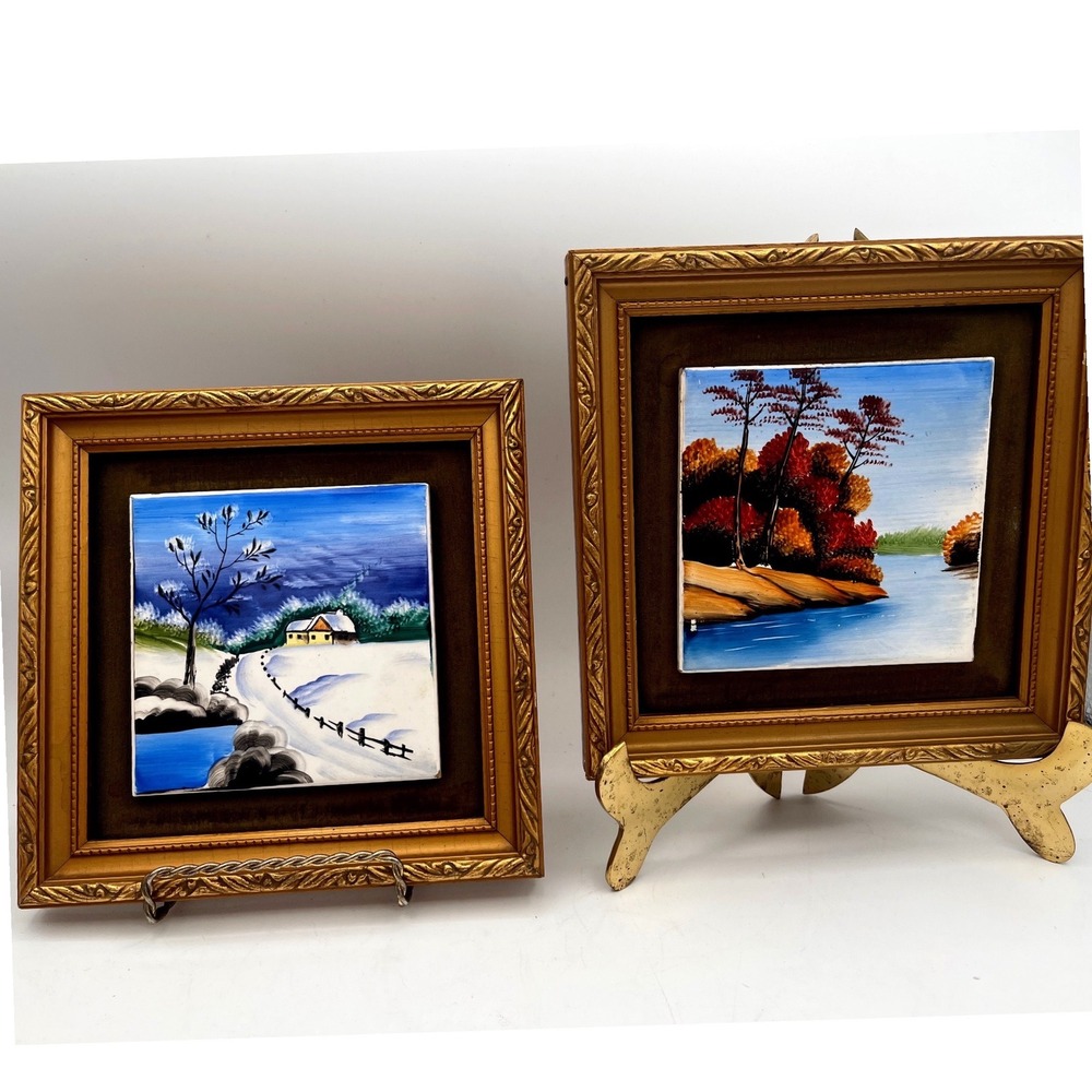 Vtg Ucago Ceramic Japan Hand Painted Autumn/Winter Lake Tiles Gold Frame Pair